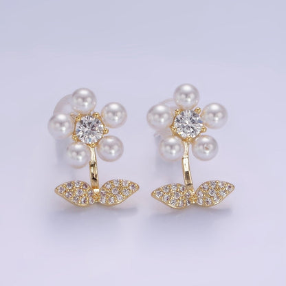 Shell Pearl Flower Micro Paved CZ Leaf Nature Stud Earrings in Gold &amp; Silver | V504 V505