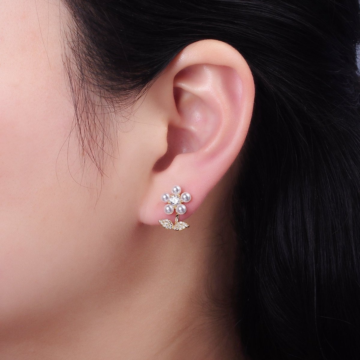 Shell Pearl Flower Micro Paved CZ Leaf Nature Stud Earrings in Gold &amp; Silver | V504 V505