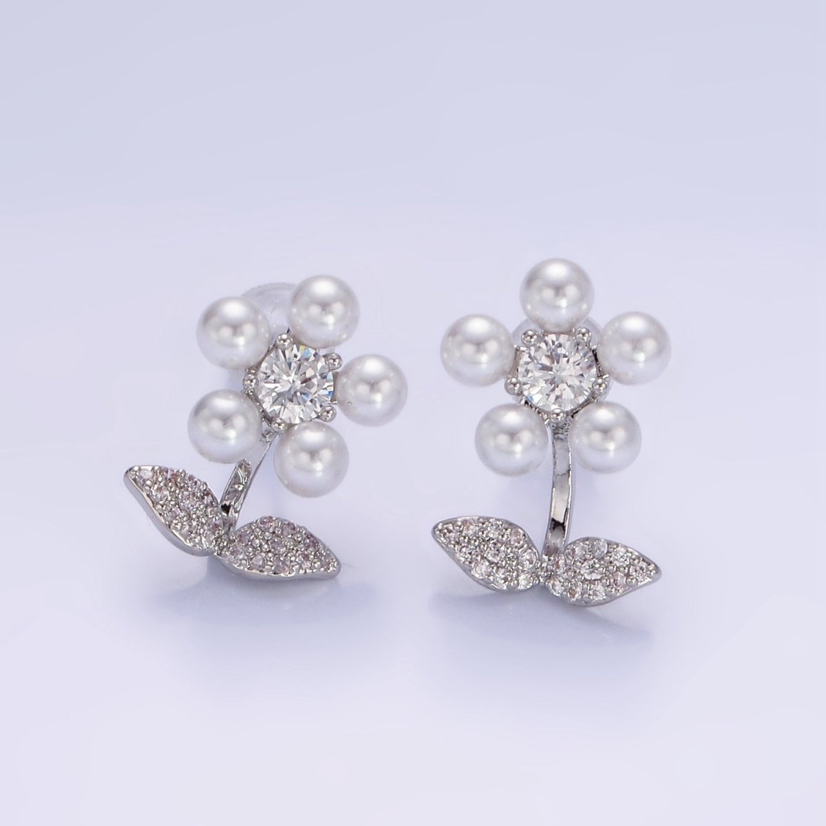 Shell Pearl Flower Micro Paved CZ Leaf Nature Stud Earrings in Gold &amp; Silver | V504 V505