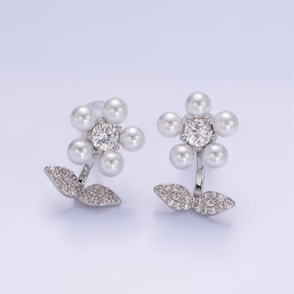 Shell Pearl Flower Micro Paved CZ Leaf Nature Stud Earrings in Gold &amp; Silver | V504 V505