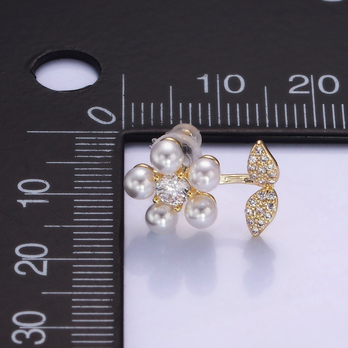 Shell Pearl Flower Micro Paved CZ Leaf Nature Stud Earrings in Gold &amp; Silver | V504 V505