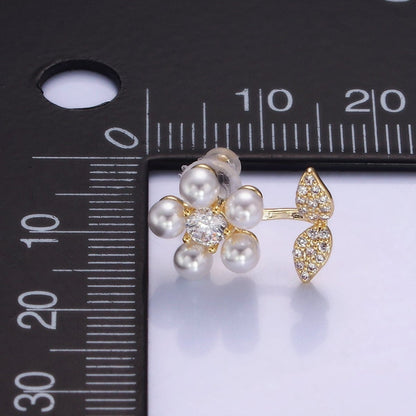 Shell Pearl Flower Micro Paved CZ Leaf Nature Stud Earrings in Gold &amp; Silver | V504 V505