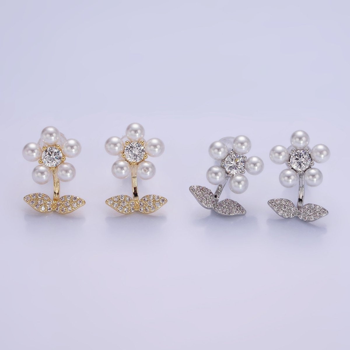 Shell Pearl Flower Micro Paved CZ Leaf Nature Stud Earrings in Gold &amp; Silver | V504 V505