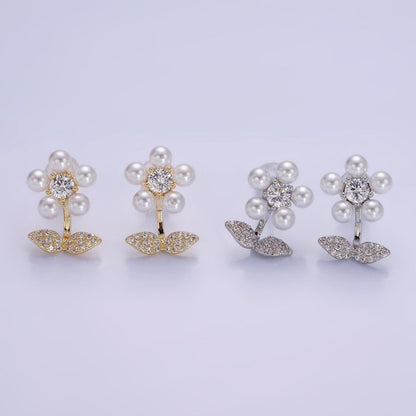 Shell Pearl Flower Micro Paved CZ Leaf Nature Stud Earrings in Gold &amp; Silver | V504 V505