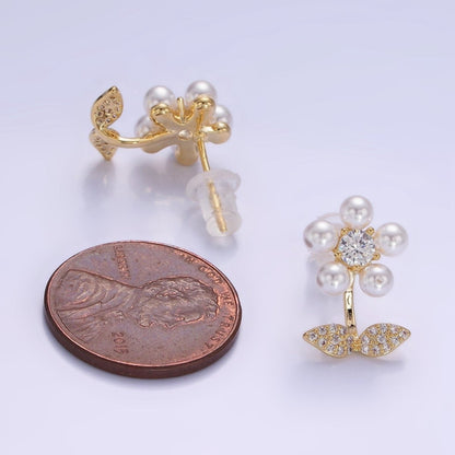 Shell Pearl Flower Micro Paved CZ Leaf Nature Stud Earrings in Gold &amp; Silver | V504 V505