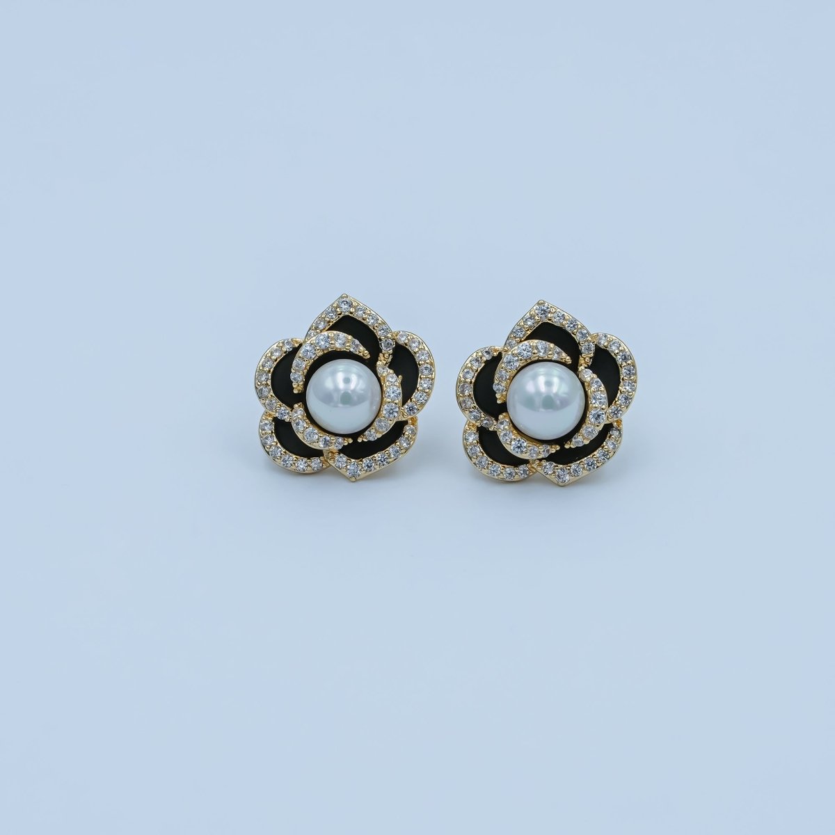 Shell Pearl Micro Paved CZ Black Flower Stud Earrings in Gold &amp; Silver | AD1361 AD1443