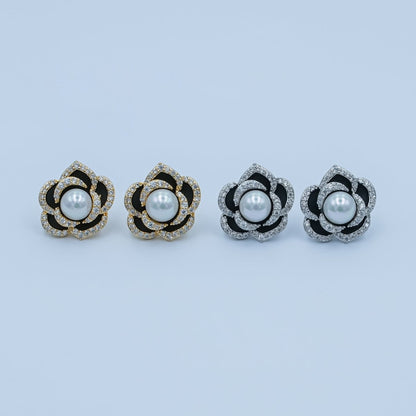 Shell Pearl Micro Paved CZ Black Flower Stud Earrings in Gold &amp; Silver | AD1361 AD1443