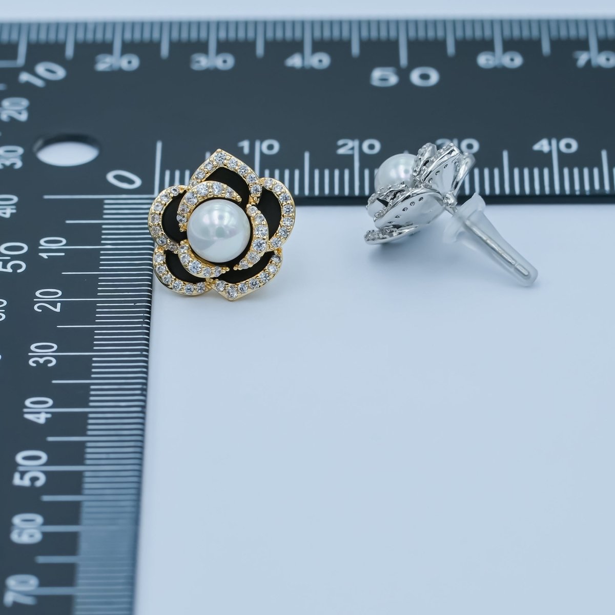Shell Pearl Micro Paved CZ Black Flower Stud Earrings in Gold &amp; Silver | AD1361 AD1443