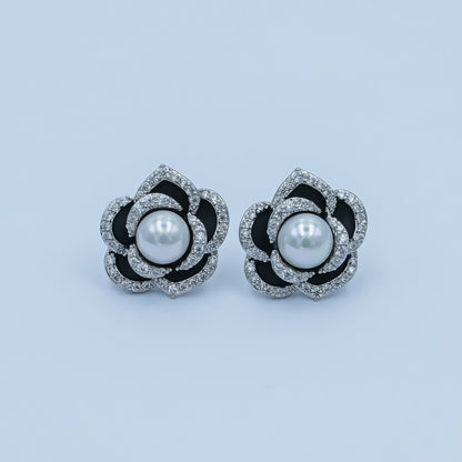 Shell Pearl Micro Paved CZ Black Flower Stud Earrings in Gold &amp; Silver | AD1361 AD1443