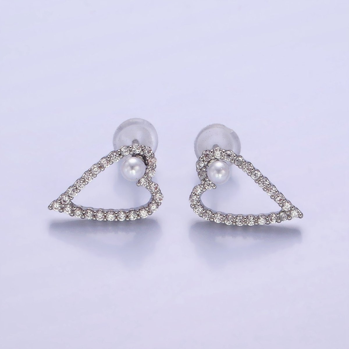 Shell Pearl Open Micro Paved CZ Heart Stud Earrings in Gold &amp; Silver | V516 V517