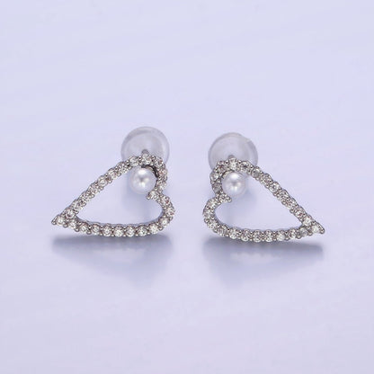 Shell Pearl Open Micro Paved CZ Heart Stud Earrings in Gold &amp; Silver | V516 V517