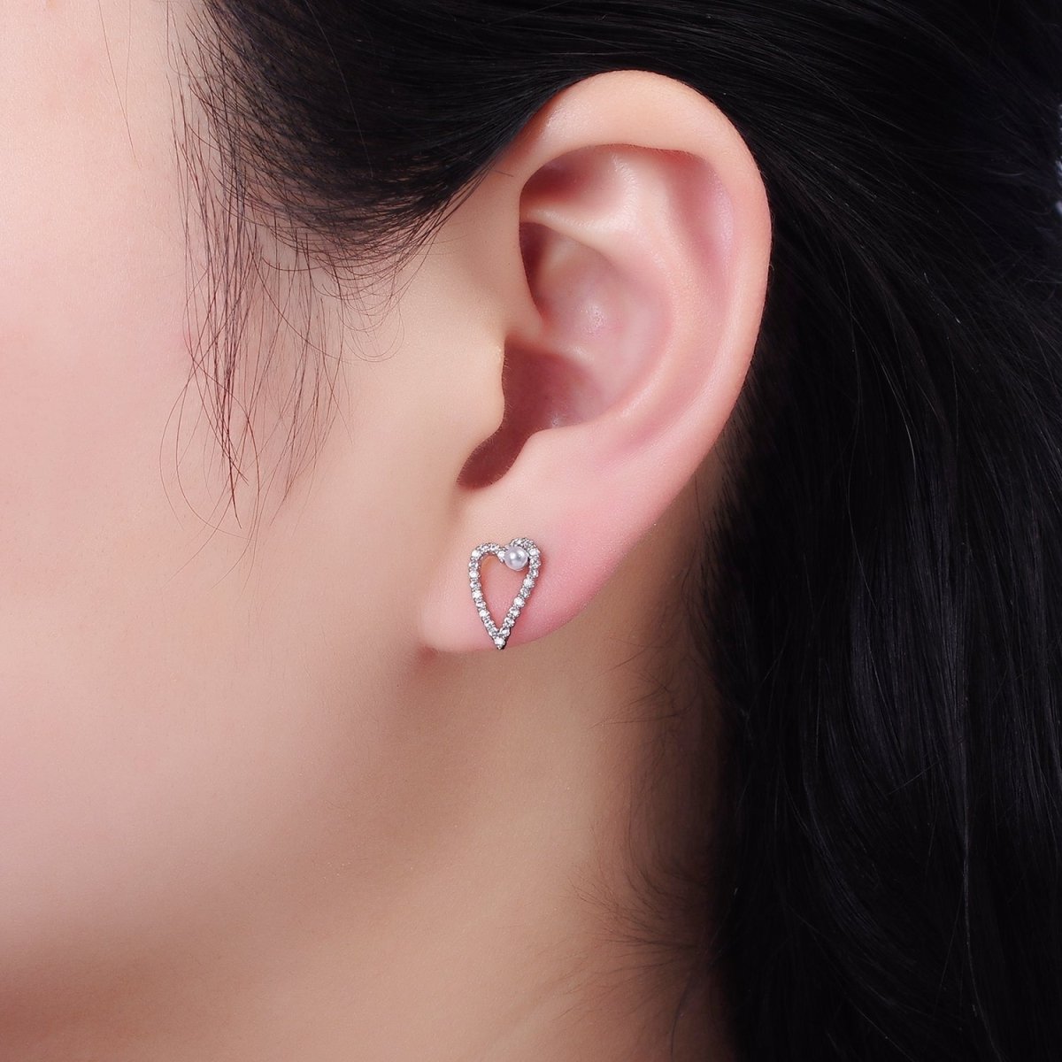 Shell Pearl Open Micro Paved CZ Heart Stud Earrings in Gold &amp; Silver | V516 V517
