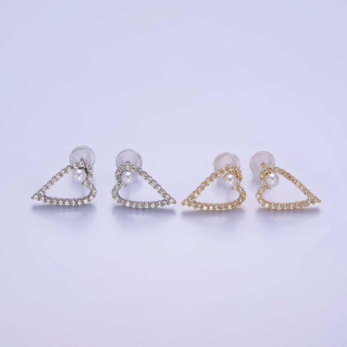 Shell Pearl Open Micro Paved CZ Heart Stud Earrings in Gold &amp; Silver | V516 V517