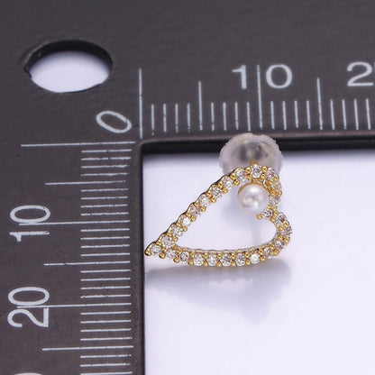 Shell Pearl Open Micro Paved CZ Heart Stud Earrings in Gold &amp; Silver | V516 V517