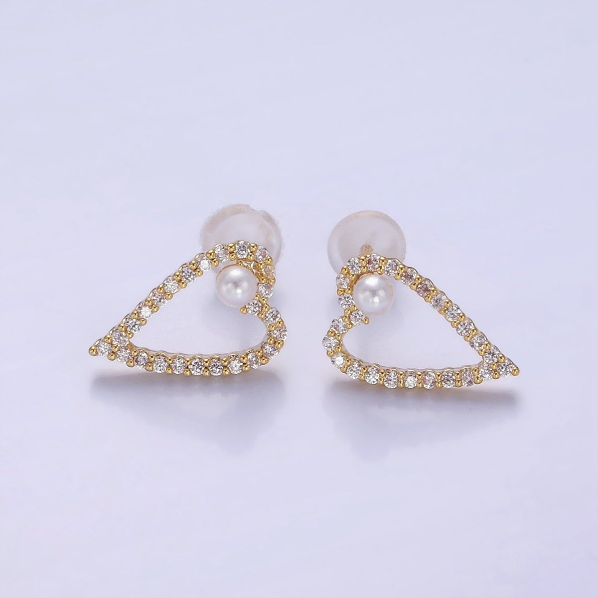 Shell Pearl Open Micro Paved CZ Heart Stud Earrings in Gold &amp; Silver | V516 V517