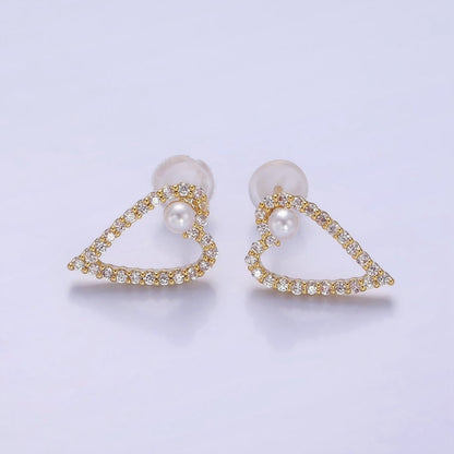 Shell Pearl Open Micro Paved CZ Heart Stud Earrings in Gold &amp; Silver | V516 V517