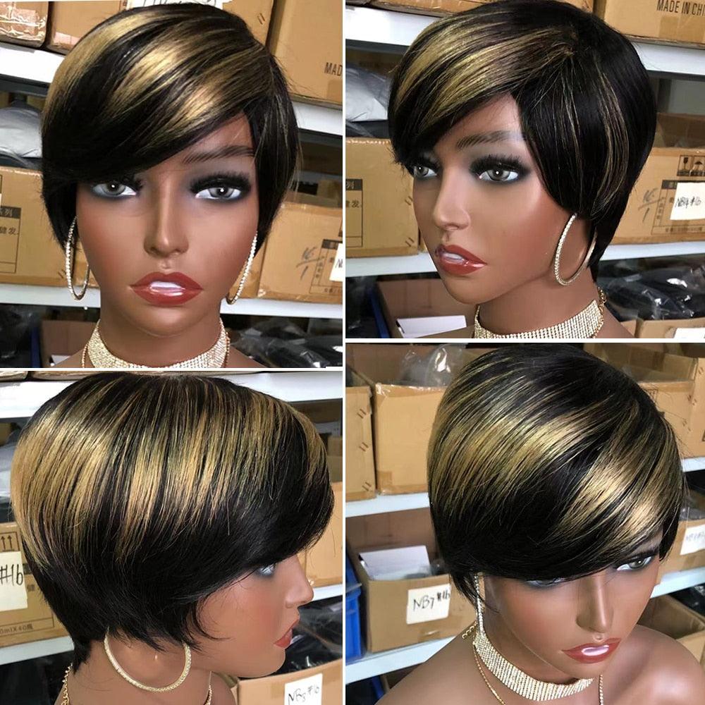 Short Pixie Cut Wig Human Hair Wigs Straight Bob Wigs With Bangs Full Machine Human Hair Wig for Black Women Black &amp; Ombre Wigs For Black Women Gifts for Girlfriends