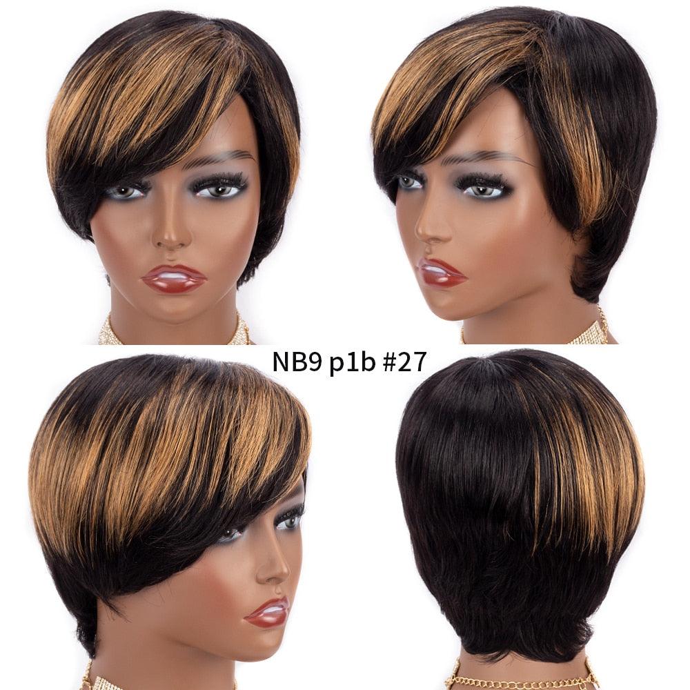 Short Pixie Cut Wig Human Hair Wigs Straight Bob Wigs With Bangs Full Machine Human Hair Wig for Black Women Black &amp; Ombre Wigs For Black Women Gifts for Girlfriends