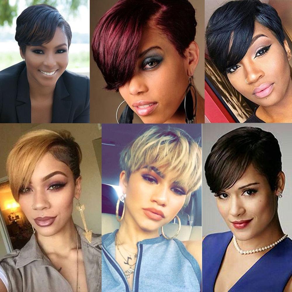 Short Pixie Cut Wig Human Hair Wigs Straight Bob Wigs With Bangs Full Machine Human Hair Wig for Black Women Black &amp; Ombre Wigs For Black Women Gifts for Girlfriends