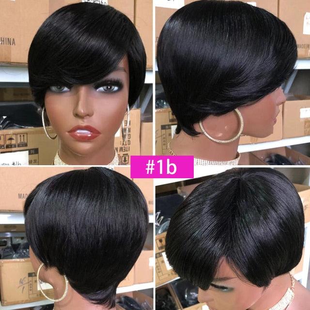 Short Pixie Cut Wig Human Hair Wigs Straight Bob Wigs With Bangs Full Machine Human Hair Wig for Black Women Black &amp; Ombre Wigs For Black Women Gifts for Girlfriends