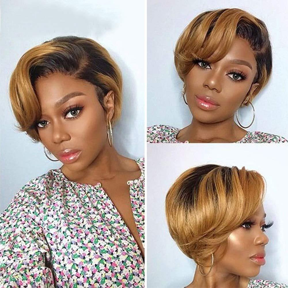 Short Pixie Cut Wig Human Hair Wigs Straight Bob Wigs With Bangs Full Machine Human Hair Wig for Black Women Black &amp; Ombre Wigs For Black Women Gifts for Girlfriends