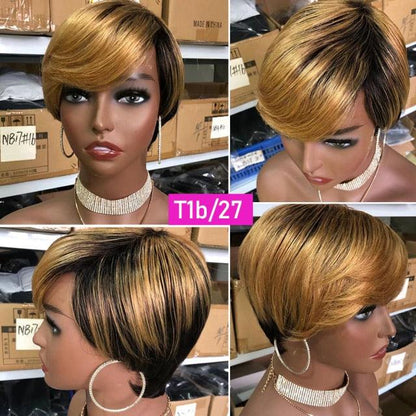 Short Pixie Cut Wig Human Hair Wigs Straight Bob Wigs With Bangs Full Machine Human Hair Wig for Black Women Black &amp; Ombre Wigs For Black Women Gifts for Girlfriends