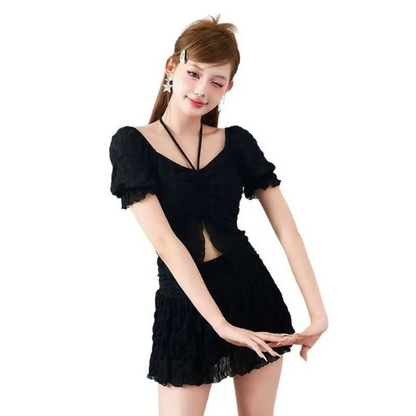 Ruffle Sleeve Bikini Set – Lace Trim Puff Top with Skirt Cover-Up