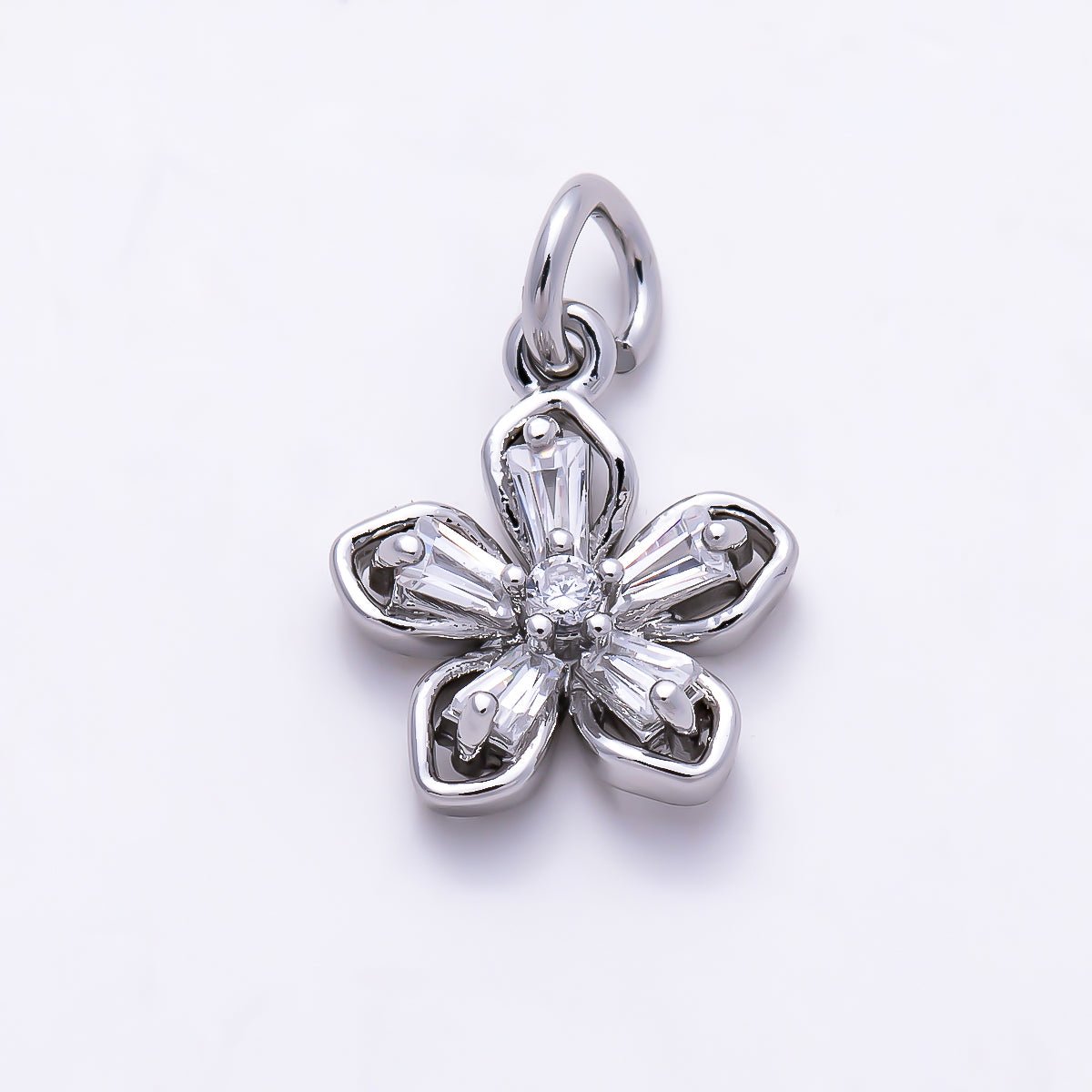 Silver 10mm Clear CZ Baguette Petal Flower Mini Charm | Charms-01523