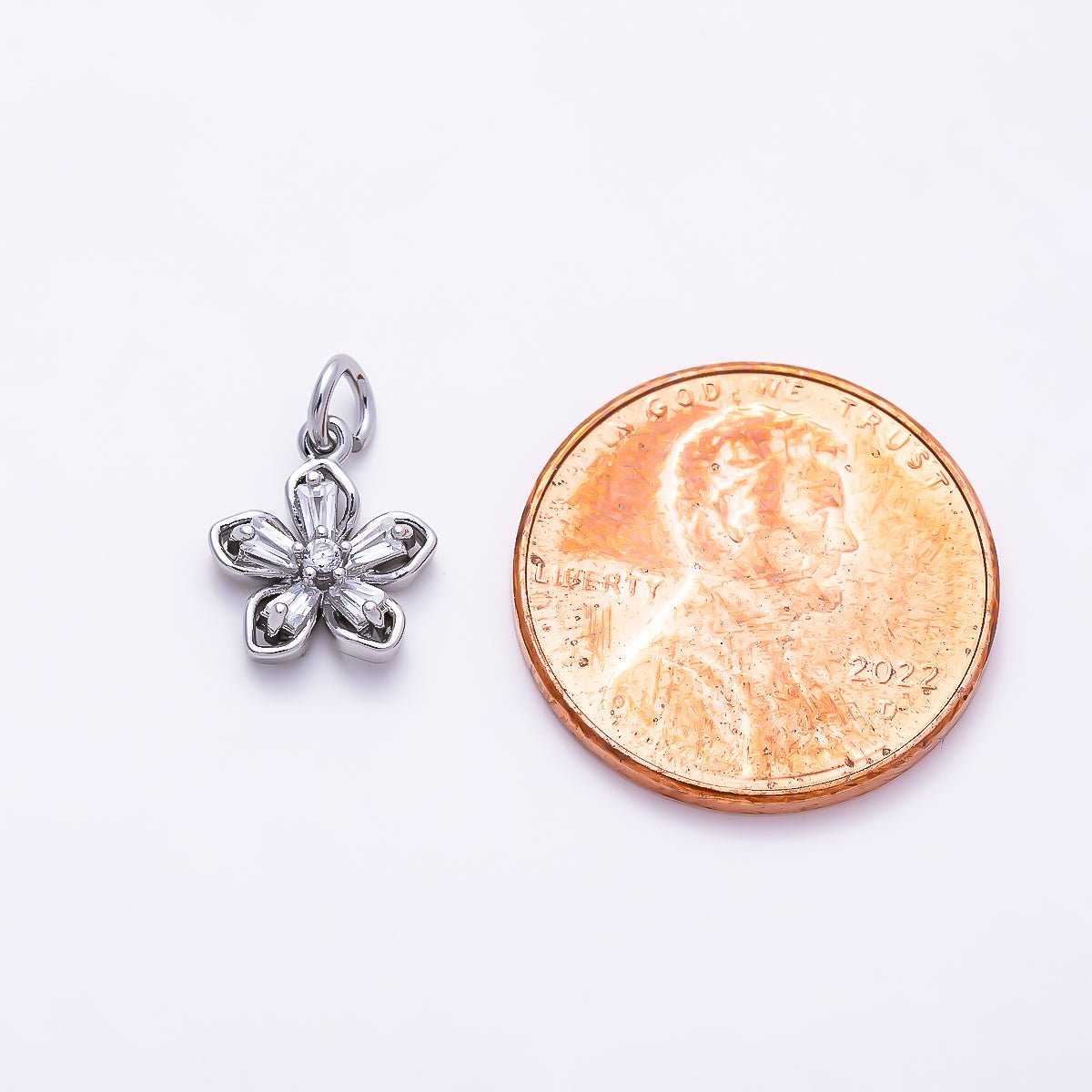 Silver 10mm Clear CZ Baguette Petal Flower Mini Charm | Charms-01523