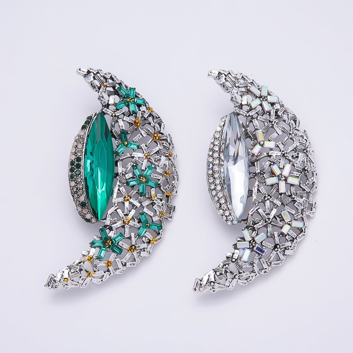 Silver 130mm x 37mm Green, Clear Rhinestone Flower Crescent Moon Pin Brooch | BH-128 BH-129
