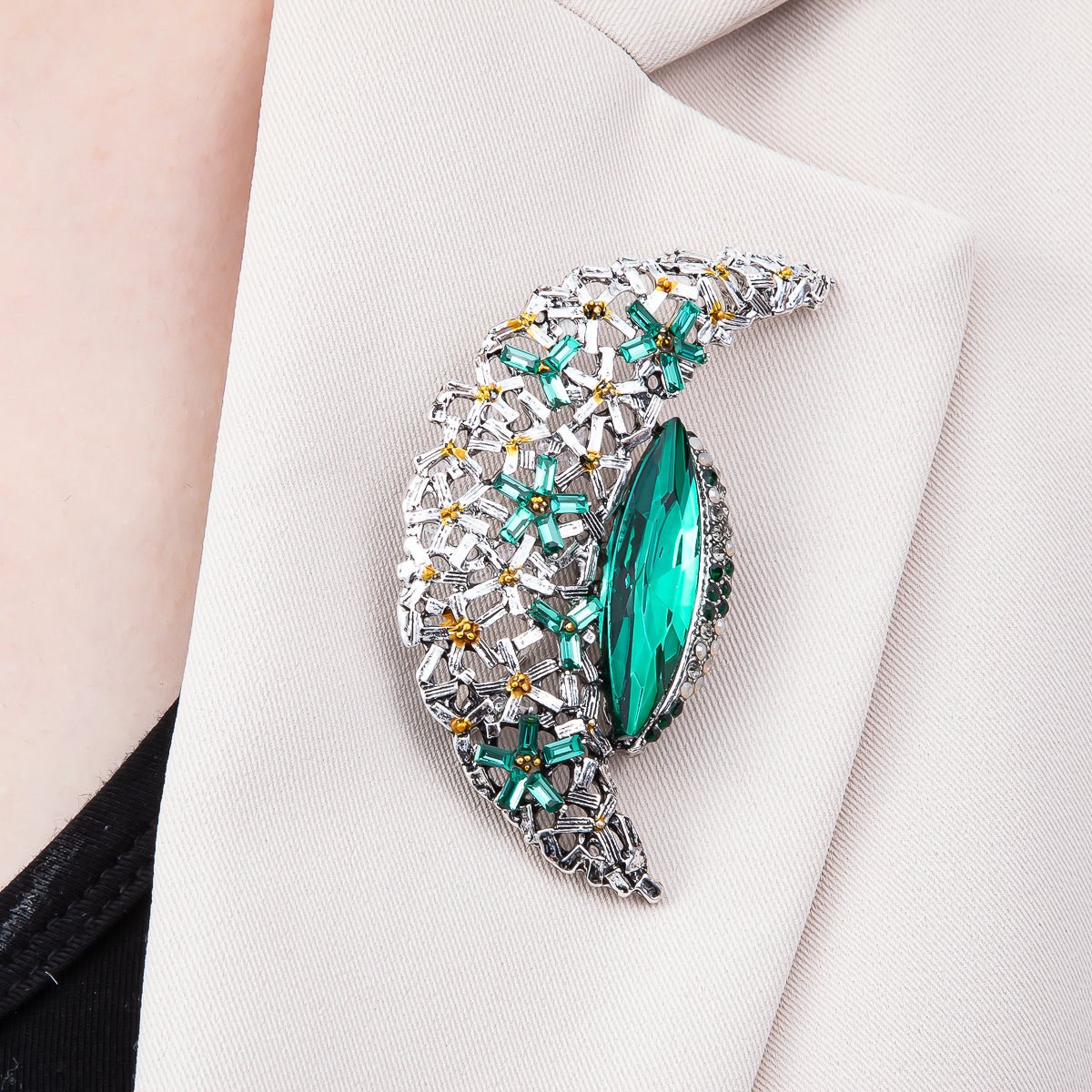 Silver 130mm x 37mm Green, Clear Rhinestone Flower Crescent Moon Pin Brooch | BH-128 BH-129