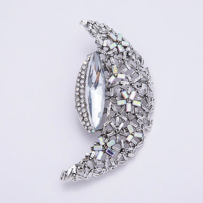 Silver 130mm x 37mm Green, Clear Rhinestone Flower Crescent Moon Pin Brooch | BH-128 BH-129