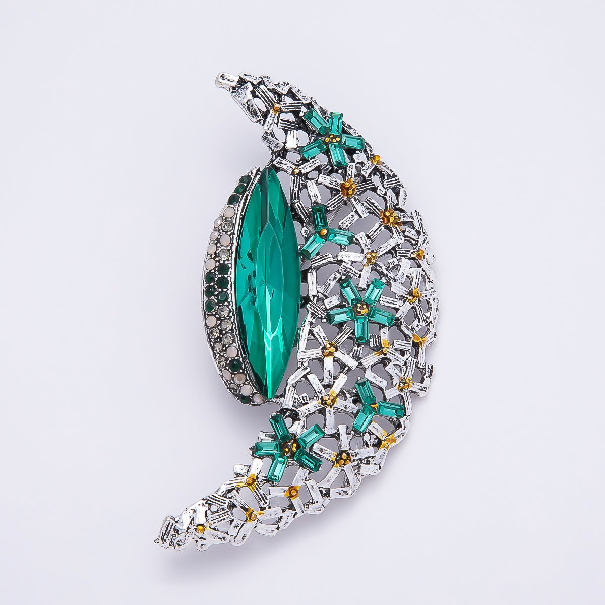 Silver 130mm x 37mm Green, Clear Rhinestone Flower Crescent Moon Pin Brooch | BH-128 BH-129