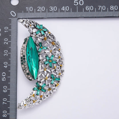 Silver 130mm x 37mm Green, Clear Rhinestone Flower Crescent Moon Pin Brooch | BH-128 BH-129