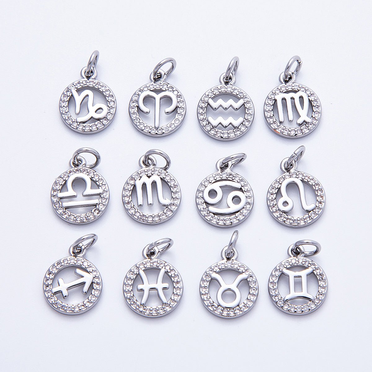 Silver 13.5mm Micro Paved CZ Personalized Zodiac Sign Charm | Charms-00235 ~ Charms-00246