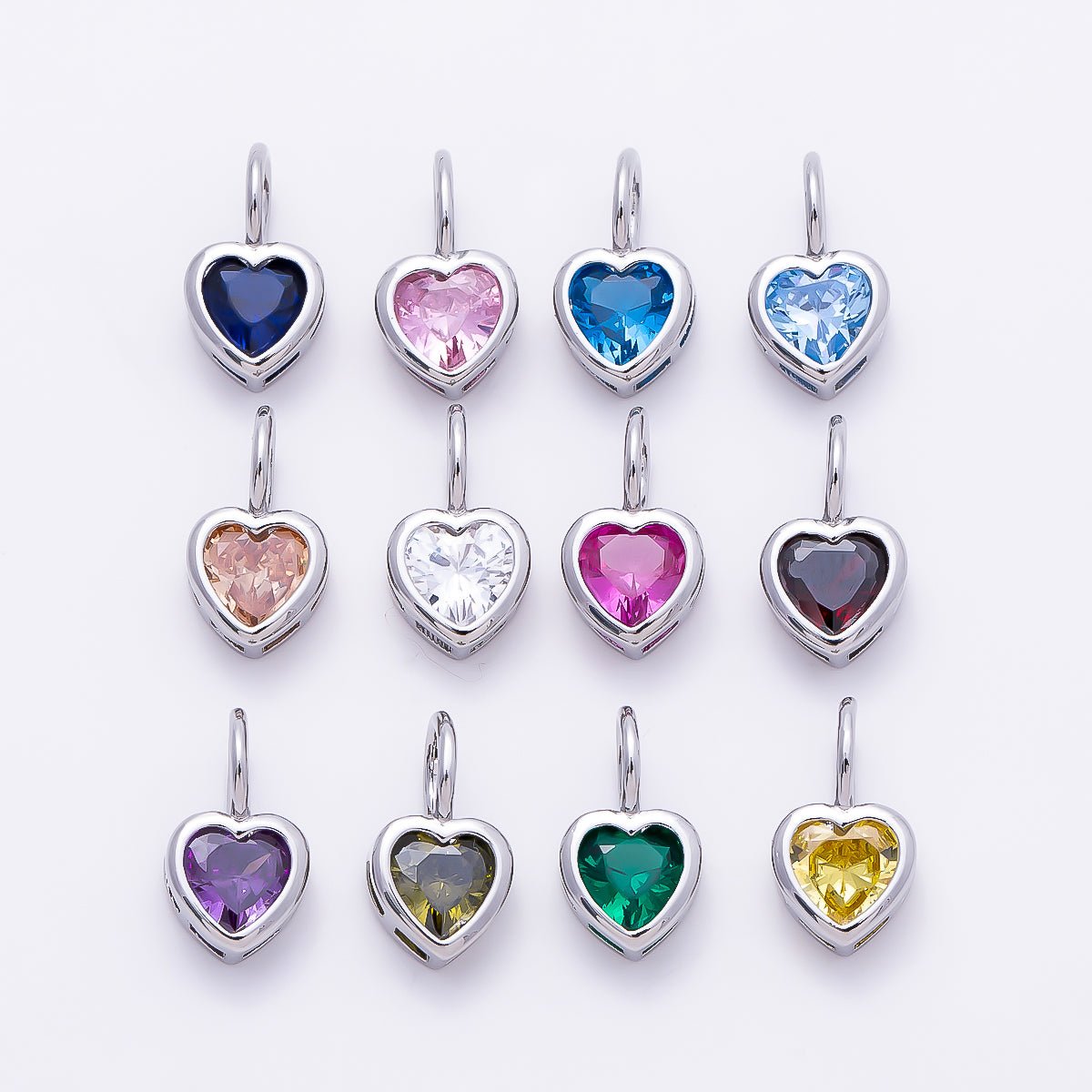 Silver 14mm Birthstone CZ Bezel Heart Collar Chain Pendant | Charms-01299 ~ Charms-01310