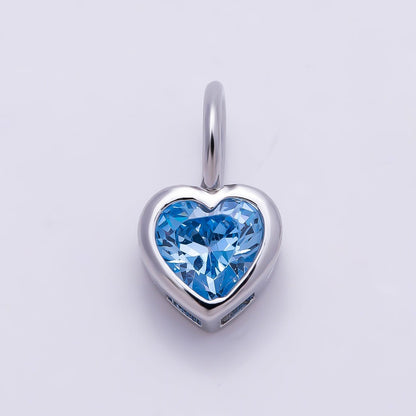 Silver 14mm Birthstone CZ Bezel Heart Collar Chain Pendant | Charms-01299 ~ Charms-01310