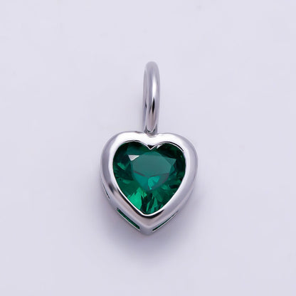 Silver 14mm Birthstone CZ Bezel Heart Collar Chain Pendant | Charms-01299 ~ Charms-01310