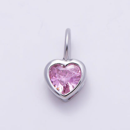 Silver 14mm Birthstone CZ Bezel Heart Collar Chain Pendant | Charms-01299 ~ Charms-01310