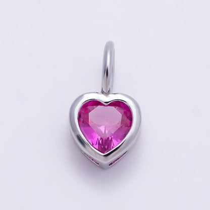 Silver 14mm Birthstone CZ Bezel Heart Collar Chain Pendant | Charms-01299 ~ Charms-01310