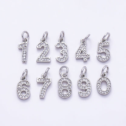 Silver 14mm Number 0-9 Clear Micro Paved CZ Charm | Charms-01527 ~ Charms-01536