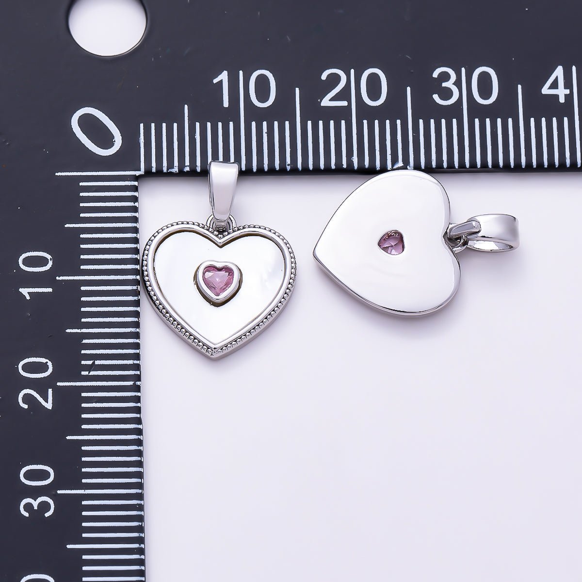 Silver 14mm Pink CZ Shell Pearl Ribbed Bezel Heart Pendant | Charms-01517