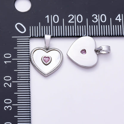 Silver 14mm Pink CZ Shell Pearl Ribbed Bezel Heart Pendant | Charms-01517