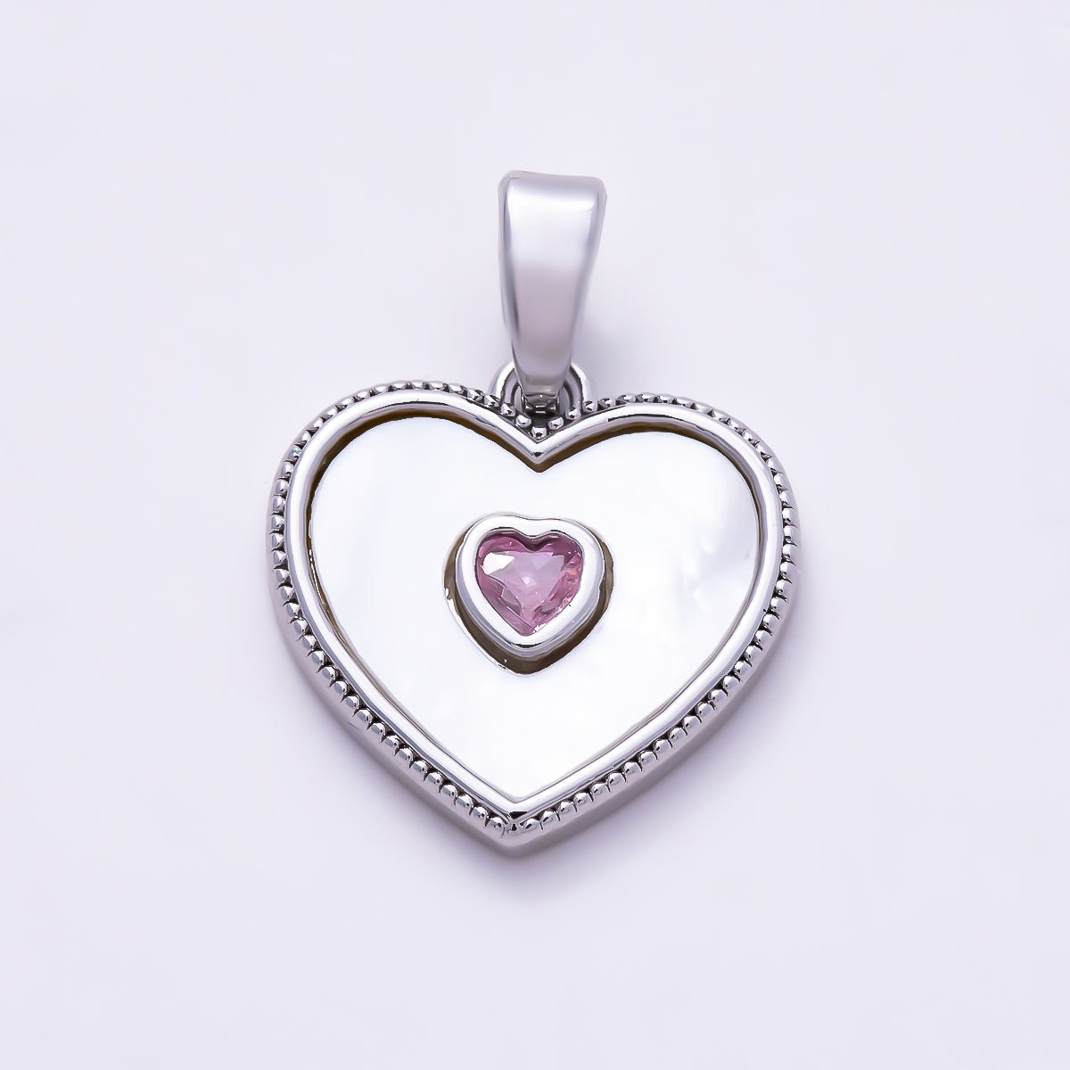 Silver 14mm Pink CZ Shell Pearl Ribbed Bezel Heart Pendant | Charms-01517