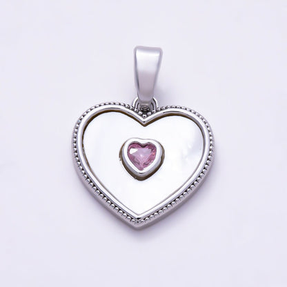 Silver 14mm Pink CZ Shell Pearl Ribbed Bezel Heart Pendant | Charms-01517
