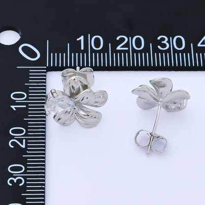 Silver 14mm Teardrop CZ Blooming Flower Floral Studs Earrings | AB1608