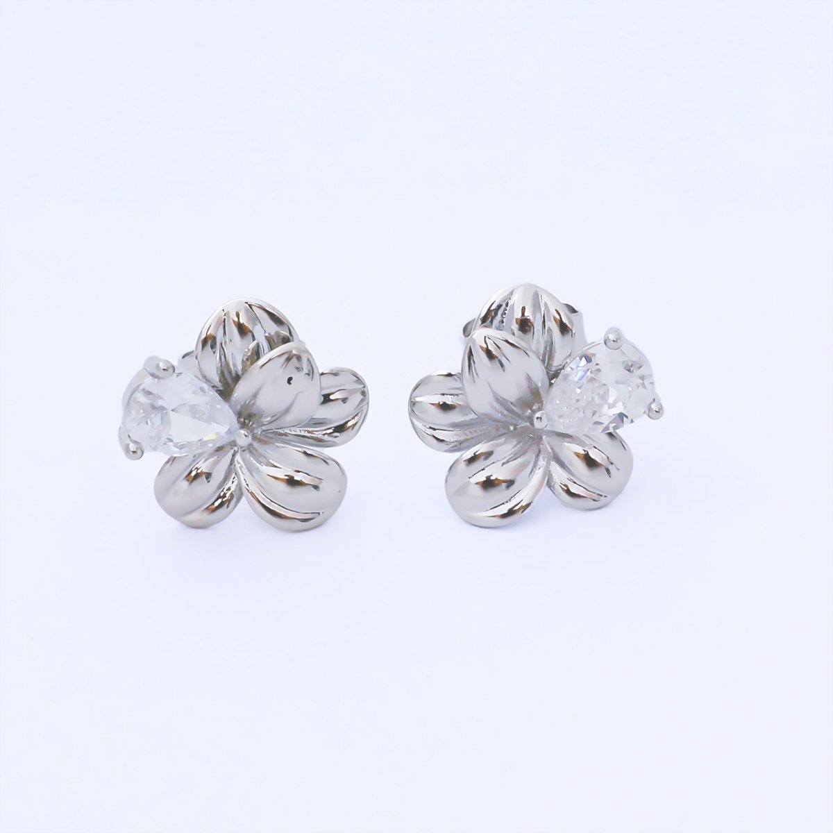Silver 14mm Teardrop CZ Blooming Flower Floral Studs Earrings | AB1608
