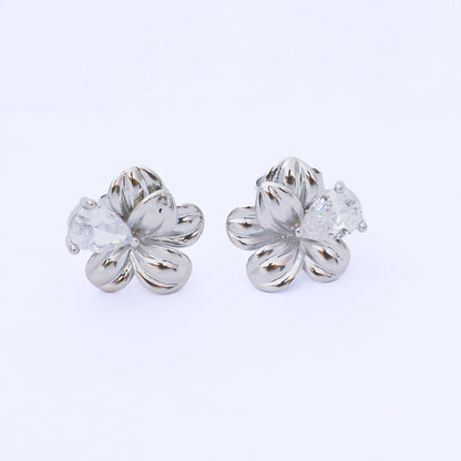 Silver 14mm Teardrop CZ Blooming Flower Floral Studs Earrings | AB1608