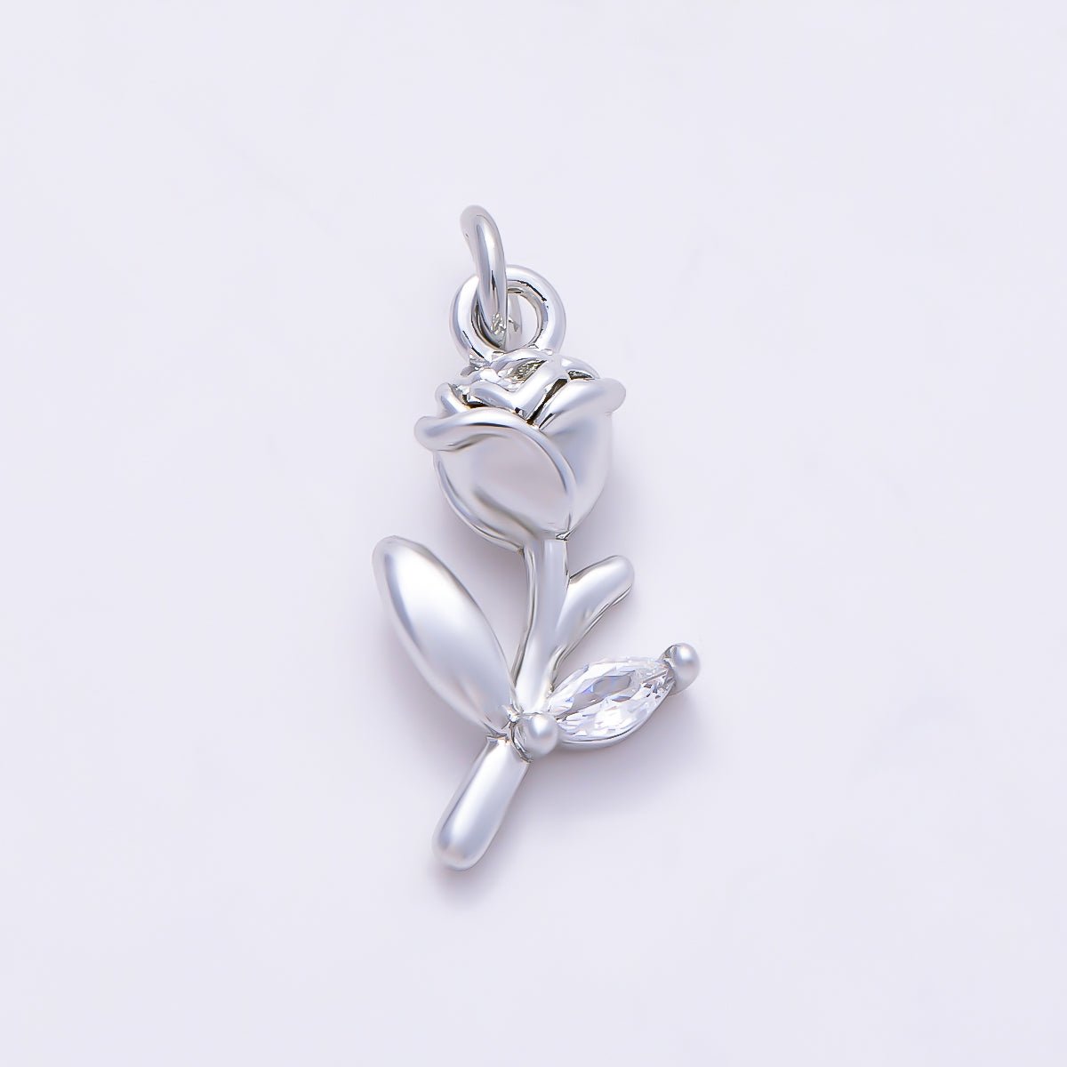 Silver 15mm Marquise CZ Leaf Rose Flower 3D Multidimensional Charm | Charms-01518