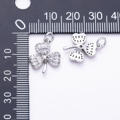 Silver 16.5mm Clear CZ Baguette Micro Paved Clover Plant Charm | Charms-01522